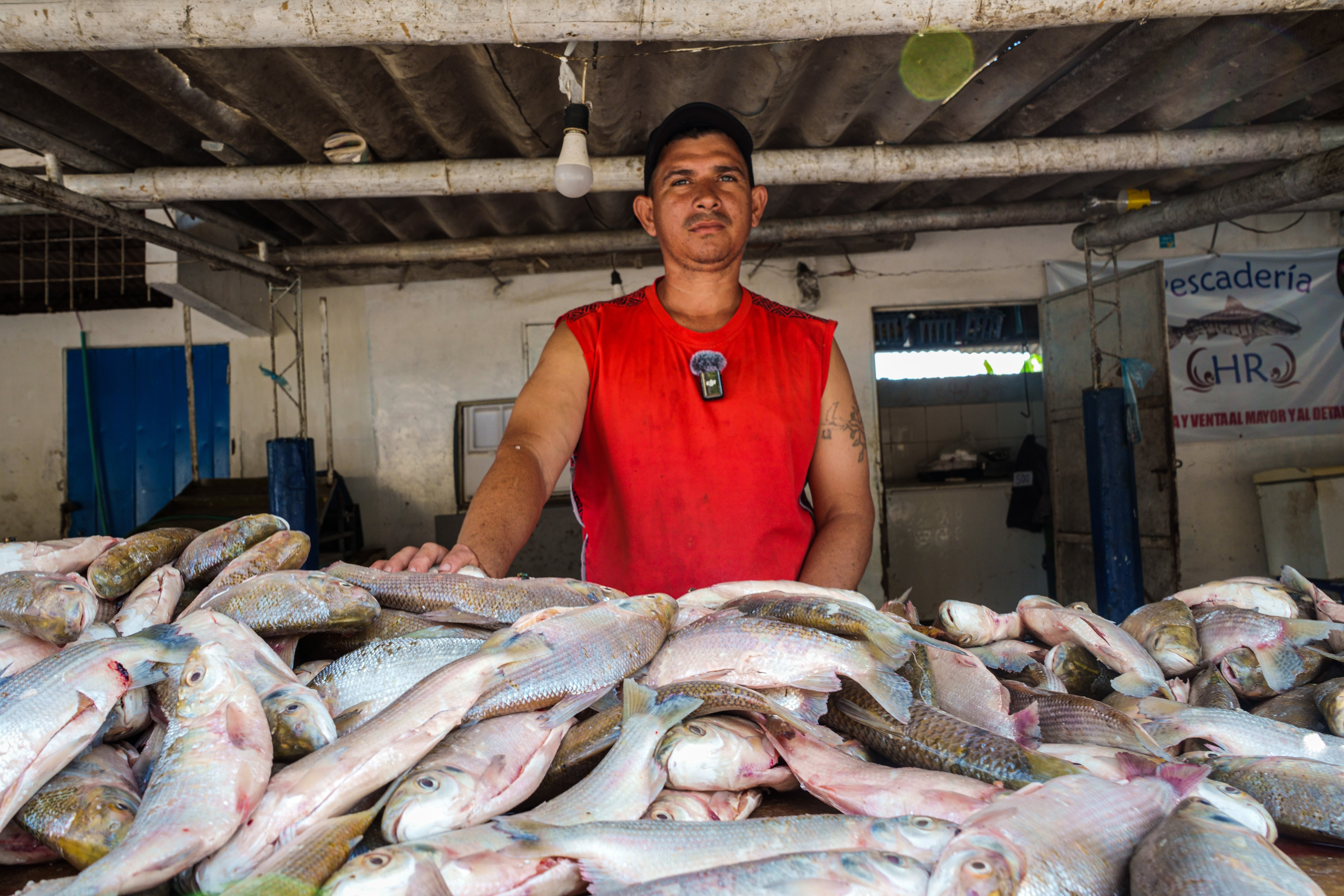 Comerciante junto a su producción de pescado en una comunidad acompañada por ESLABÓN